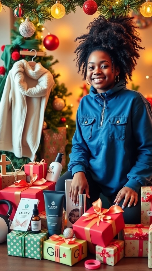 A variety of Christmas gifts for black teenage girls, including clothing, beauty items, and tech gadgets, arranged in a festive setting.